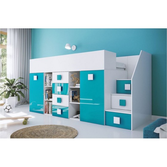Lit combiné enfant 90x200  avec escalier  et  bureau , Gamme dream