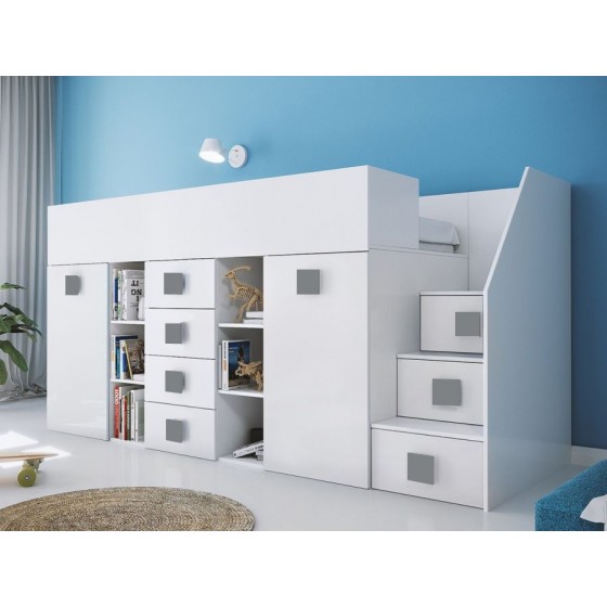 Lit combiné enfant 90x200  avec escalier  et  bureau blanc , Gamme dream