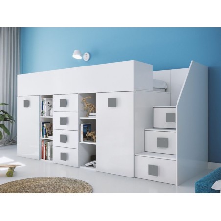 Lit combiné enfant 90x200  avec escalier  et  bureau blanc , Gamme dream