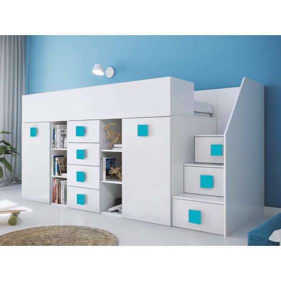 Lit combiné enfant 90x200  avec escalier  et  bureau blanc , Gamme dream