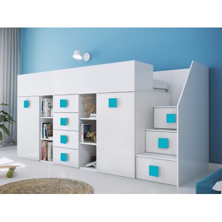 Lit combiné enfant 90x200  avec escalier  et  bureau blanc , Gamme dream