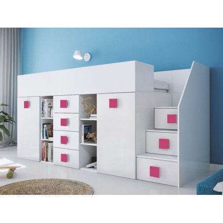 Lit combiné enfant 90x200  avec escalier  et  bureau blanc , Gamme dream