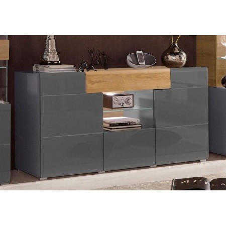 Buffet, 2 niche(s), 3 porte(s), 1 tiroir(s), longeur 159 cm, couleur Chêne clair et Gris, Gamme Doleb