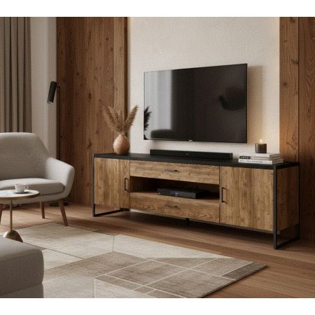 Meuble TV 204 cm – 2 portes, 2 tiroirs, 1 niche – Finition Epicéa & Noir – Gamme Factory, style industriel