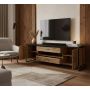 Meuble TV 204 cm – 2 portes, 2 tiroirs, 1 niche – Finition Epicéa & Noir – Gamme Factory, style industriel