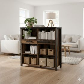 Meuble bibliothèque, 6 niche(s), 2 tiroir(s), longeur 107 cm, couleur Chêne et Anthracite, Gamme Buffo