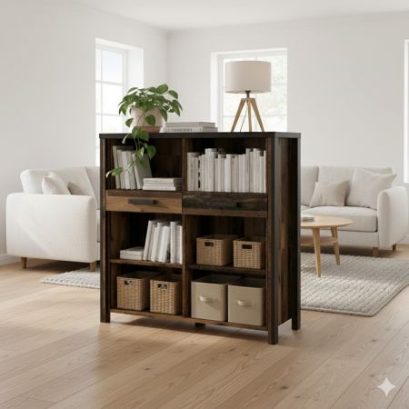 Meuble bibliothèque, 6 niche(s), 2 tiroir(s), longeur 107 cm, couleur Chêne et Anthracite, Gamme Buffo