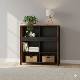 Meuble bibliothèque, 6 niche(s), 2 tiroir(s), longeur 107 cm, couleur Chêne clair et Gris, Gamme Buffob