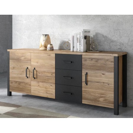 Buffet 3 portes et 3 tiroirs, couleur chêne et noir, Gamme HUD